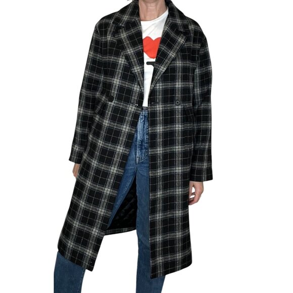 Oak + Fort Oversized Plaid Wool Blend Coat Double Breasted Black Gray Small - Picture 1 of 16